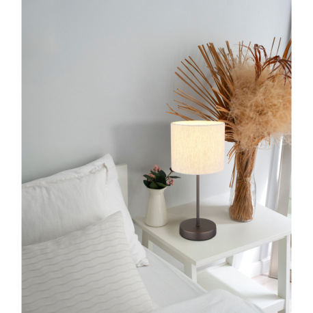 Stolová lampa, kov, čierna a chrómová matná, ľanová krémová, PVC kábel, kolískový vypínač na kábli, 2