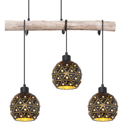 Závesné svietidlo, kov čierny matný, drevo, krištále K9 číre, tienidlo vo vnútri zlaté, DxŠxV: 850x1 13