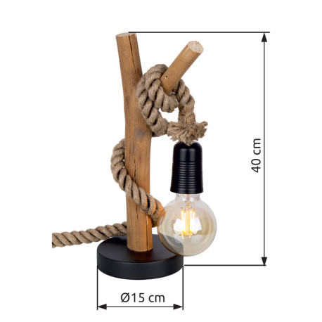 Stolná lampa, drevo prírodnej farby, čierny kov, konope, eukalyptové drevo, prirodzene pestované, ø: 8