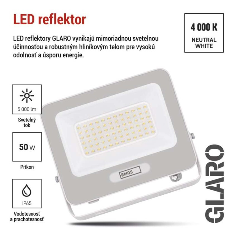 LED reflektor GLARO 50W, biely, IP65, 5000 lm, neutrálna biela 6