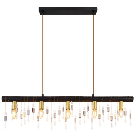 Závesné svietidlo, kov čierny, drevo čierne, sklenené krištále, textilný kábel šampaň, DxŠxV:900x60x 15