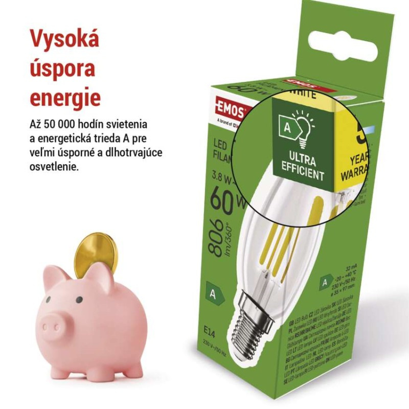 LED žiarovka Filament sviečka A CLASS/ E14 / 3,8 W (60 W) / 806 lm / Teplá biela 3