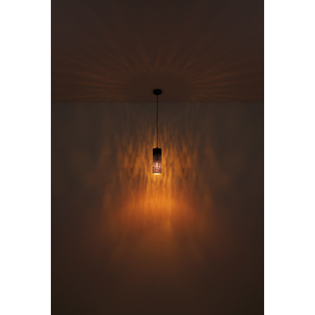 Závesné svietidlo kov čierny matný, tienidlo z dekoratívnym dierovaním zlatej farby, textilný kábel 10