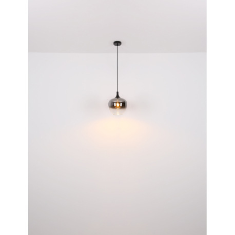 Závesná lampa, kov, čierna matná, sklo dymovej farby, kábel textilný čierny, nastaviteľná výška, DxŠ 14