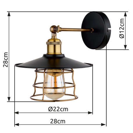 Nástenné svietidlo, kov čierny, mosadz, kovové pletivo, svieti smerom dole, ŠxV:220x280mm, H: 280mm, 14