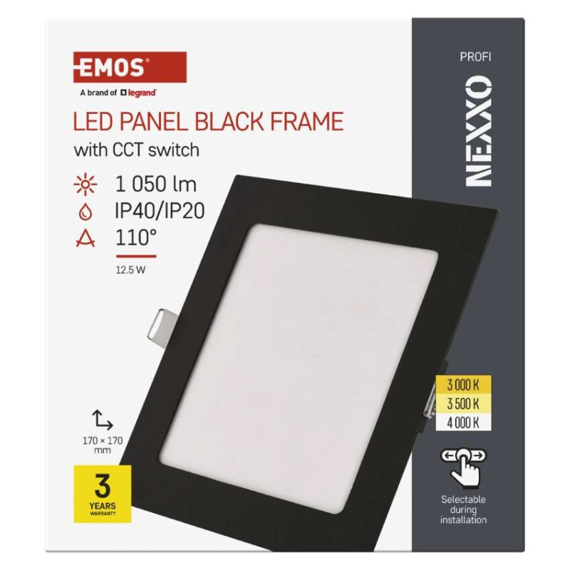 LED vstavané svietidlo NEXXO, štvorec, čierne, 12W, CCT 6