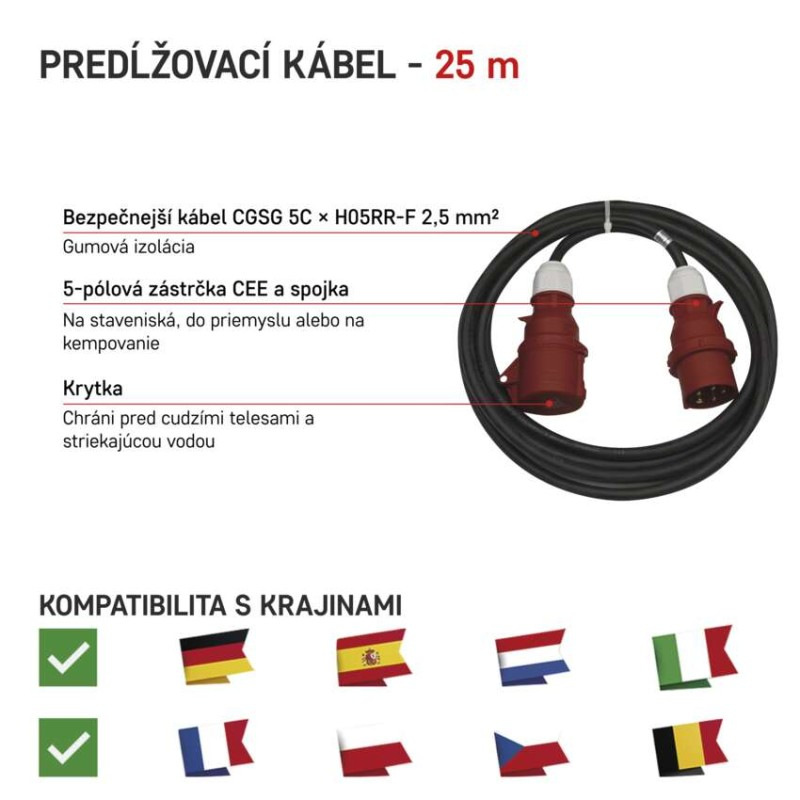 3 fázový vonkajší predlžovací kábel 25 m / 1 zásuvka / čierny / guma / 400 V / 2,5 mm2 1