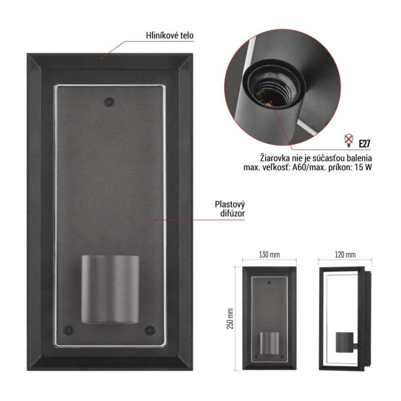 Záhradné nástenné svietidlo MALVA, 13 x 12 x 25 cm, 1 x E27, 15 W 3