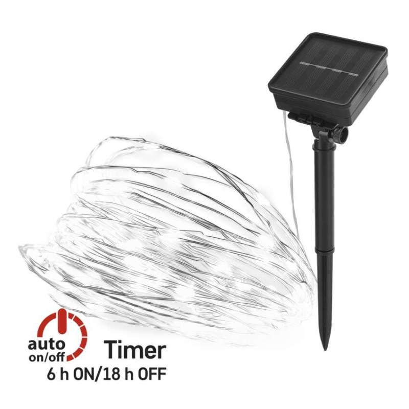 LED nano reťaz so solárnym panelom, medená, 12 m, vonkajšia aj vnút, studená biela, časova 9