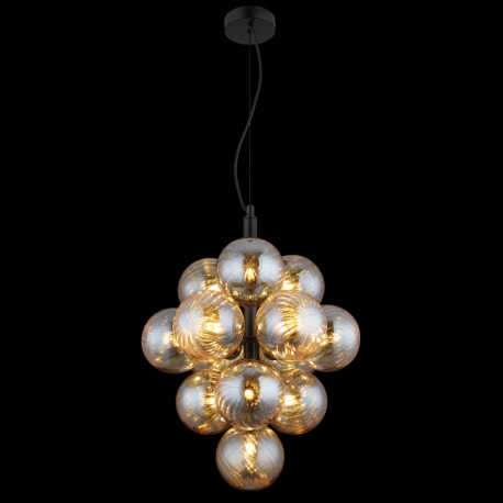Závesná lampa, matný čierny kov, jantárové sklenené gule, čierny PVC kábel, výškovo nastaviteľná, ø: 3