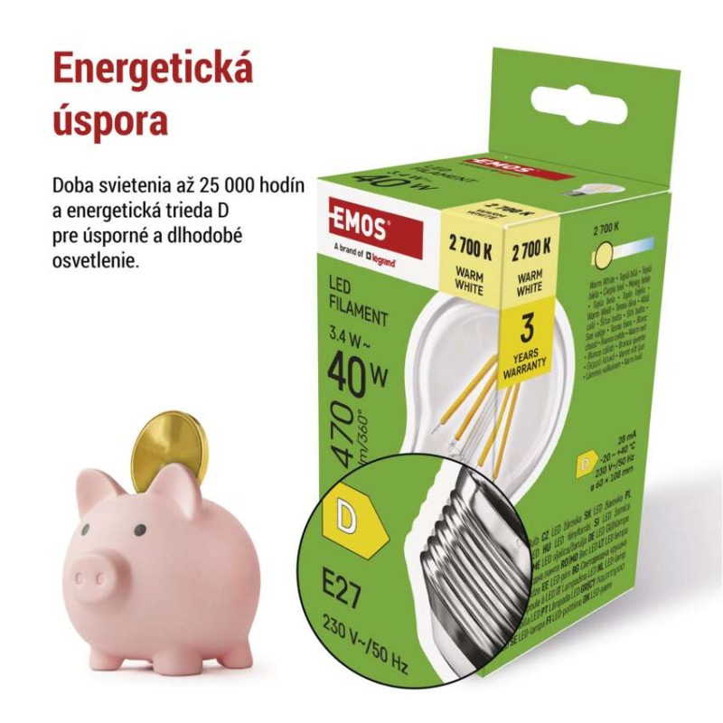 LED žiarovka Filament A60 / E27 / 3,4 W (40 W) / 470 lm / Teplá biela 2
