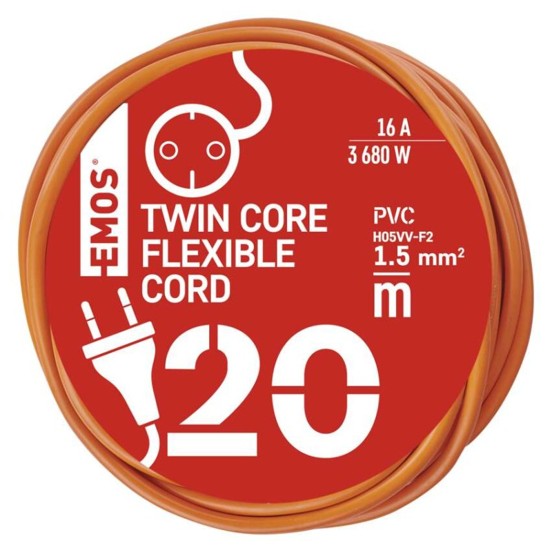 Dvojžilový pohyblivý prívod 20 m / 1 zásuvka / oranžový / PVC / 230 V / 1,5 mm2 1