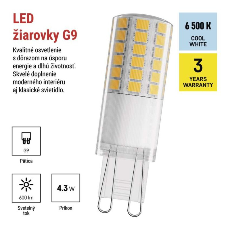LED žiarovka Classic JC / G9 / 4,3 W (48 W) / 600 lm / Studená biela
