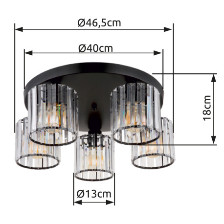 Stropné svietidlo, kov čierny, akrylové krištále číre, ø: 465mm, V: 180mm, bez žiaroviek 5xE27, max. 8