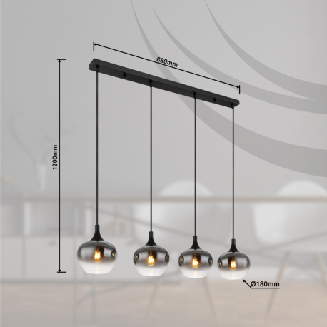 Závesná lampa, kov, čierna matná, sklo dymovej farby, kábel textilný čierny, nastaviteľná výška, DxŠ 16
