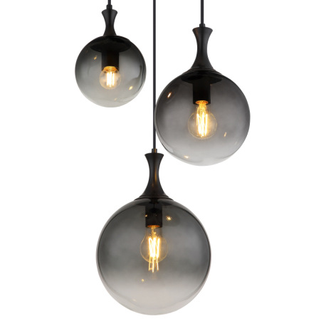 Závesné svietidlo, kov čierny, sklenené gule dymovej farby, kábel PVC čierny, výškovo nastaviteľné, 4
