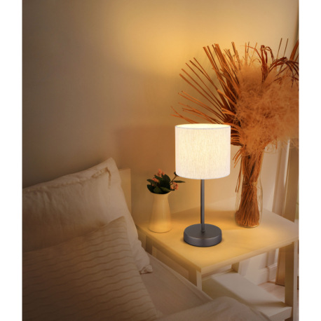 Stolová lampa, kov, čierna a chrómová matná, ľanová krémová, PVC kábel, kolískový vypínač na kábli, 11