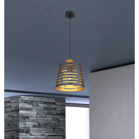 Závesné svietidlo, drevo, kov čierny a zlatý, Ø 250, V: 1200, bez žiarovky 1xE27, max. 60W 230V 1