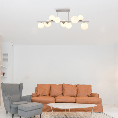 Stropné svietidlo, nikel, sklo biele, DxŠxV: 870x280x370mm, sklo ø: 5x10cm, 4x12cm, vrátane 9x G9 LE 9