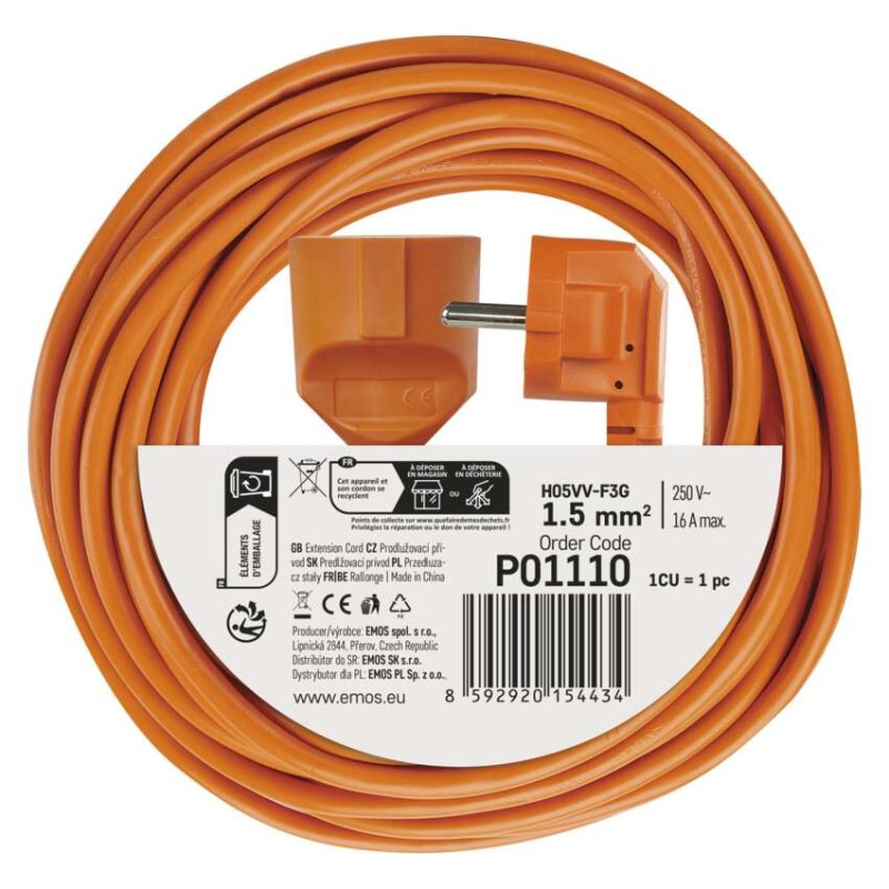 Predlžovací kábel 10 m / 1 zásuvka / oranžový / PVC / 250 V / 1,5 mm2 3