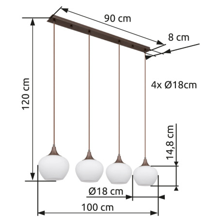 Závesné svietidlo, kov farba kávy, sklo biele, textilný kábel čierny, DxŠxV: 1000x180x1200mm, bez ži 8