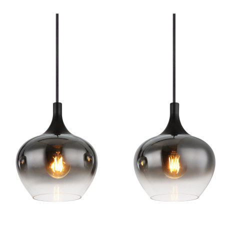 Závesná lampa, kov, čierna matná, sklo dymovej farby, kábel textilný čierny, nastaviteľná výška, DxŠ 12