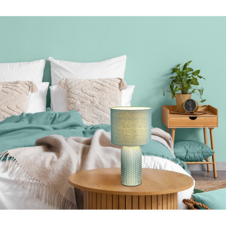 Stolová lampa, svetlozelené sklo, bledozelený textil, biely PVC kábel, kolískový vypínač na kábli ø: 11
