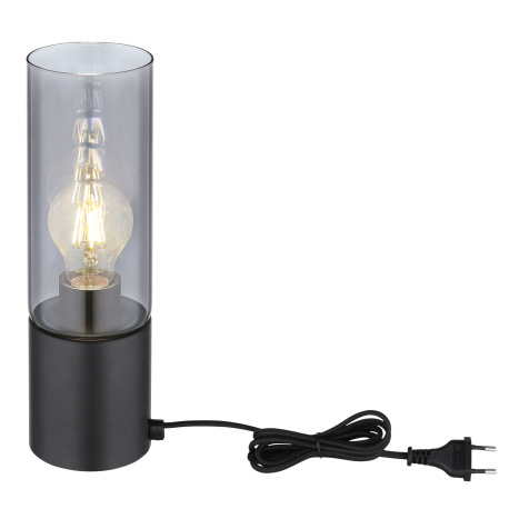Stolová lampa, kov čierny, dymové sklo, textilný čierny kábel, dotykový zapínač On/Off, ø: 90mm, V:3 12