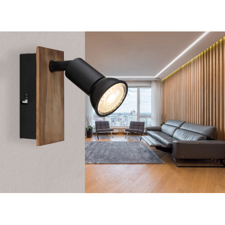 Nástenné svietidlo, drevo tmavohnedé, kov čierny, s vypínačom, ŠxV:60x105mm, H: 90mm, bez žiarovky 1 8