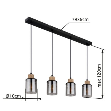 Závesné svietidlo kov čierny matný, drevo tmavohnedé, sklo dymové, kábel PVC čierny, DxŠxV: 780x100x 10