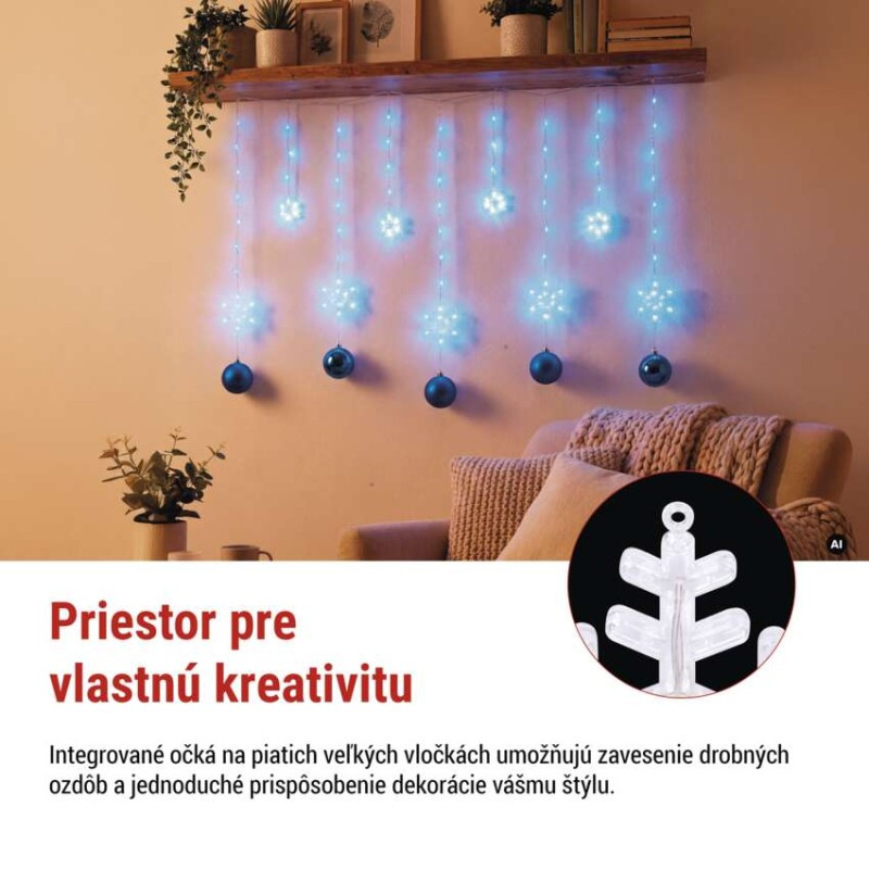 Vianočná LED girlanda – vločky, 160 x 95 cm, IP44, studená biela, časovač 5