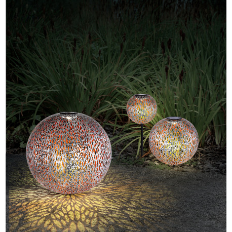 Solárne svietidlo, kov strieborný, zlatý, čierny, s hrotom do zeme, s ozdobným dierovaním, IP44, vyp 2