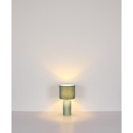 Stolová lampa, svetlozelené sklo, bledozelený textil, biely PVC kábel, kolískový vypínač na kábli ø: 18