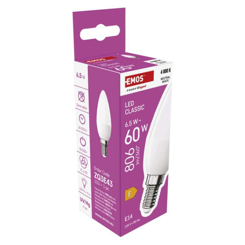 LED žiarovka Classic sviečka / E14 / 6,5 W (60 W) / 806 lm / Neutrálna biela 6