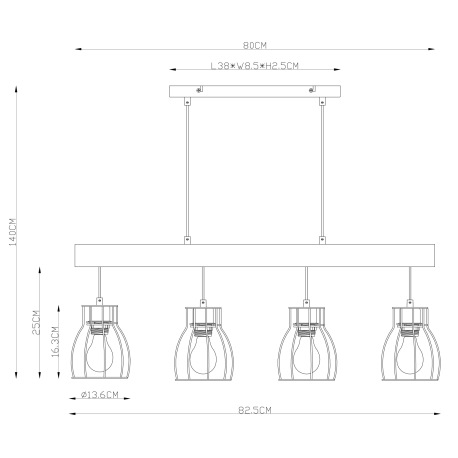 Závesné svietidlo, čierny kov, prírodné drevo, DxŠxV: 825x136x1400, bez žiaroviek 4xE27, max. 40W 23 10