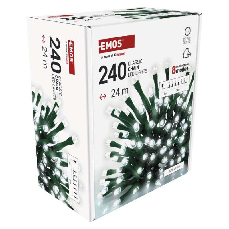 LED vianočná reťaz, 24 m, vonkajšia aj vnútorná, studená biela, programy, časovač 12