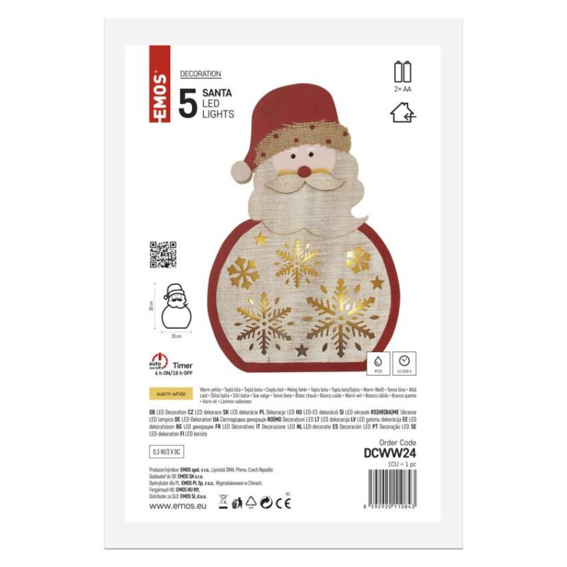 LED dekorácia drevená – Santa, 30 cm, 2x AA, vnútorná, teplá biela, časovač 5