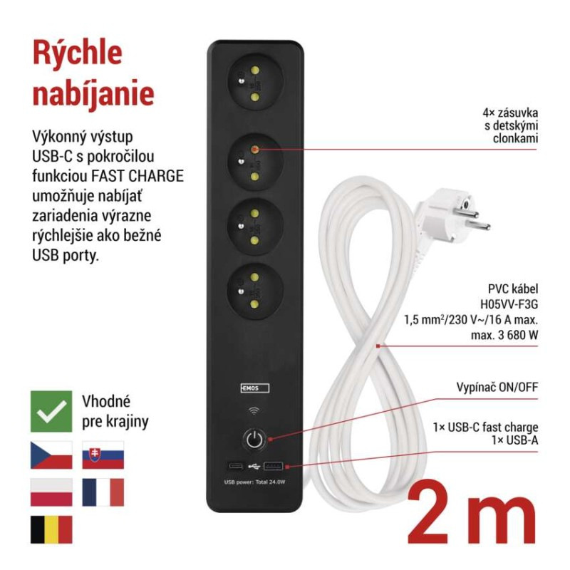 GoSmart predlžovací kábel 2 m / 4 zásuvky / s vyp. / s USB / biely-čierny / PVC / 1,5 mm2 7