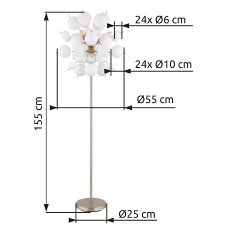 Stojanové svietidlo, kov nikel matný, sklenené gule biele, kábel PVC čierny, vyínač na kábli, ø: 550 5