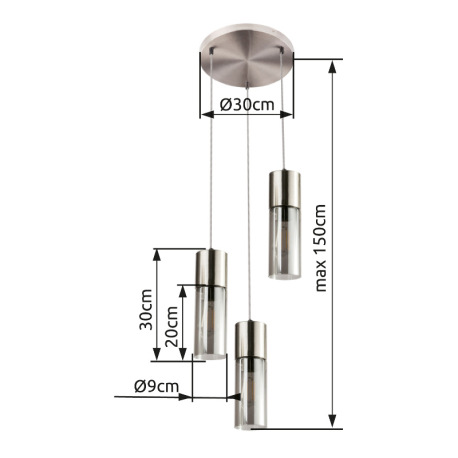 Závesné svietidlo, nikel, dymové sklo, textilný kábel čierny and biely, Ø 300, V: 1500, bez žiarovie 12
