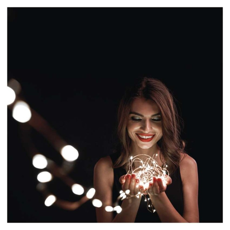 LED nano reťaz so solárnym panelom, medená, 12 m, vonkajšia aj vnút, studená biela, časova 3