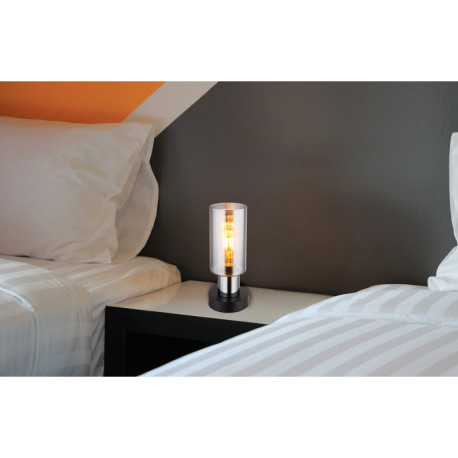 Stolové svietidlo, kov čierny, sklo dymovej farby, kábel PVC čierny, kolískový vypínač na kábli, ø: 8