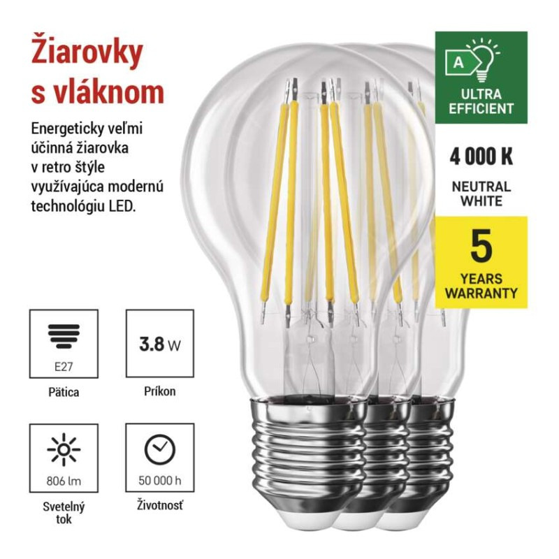 LED žiarovka Filament A60 A CLASS/ E27 / 3,8 W (60 W) / 806 lm / neutrálna biela 1
