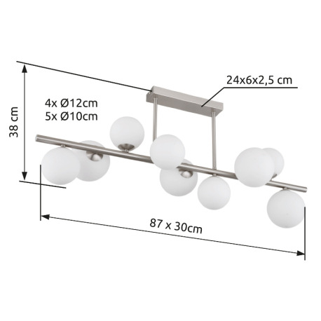Stropné svietidlo, nikel, sklo biele, DxŠxV: 870x280x370mm, sklo ø: 5x10cm, 4x12cm, vrátane 9x G9 LE 8
