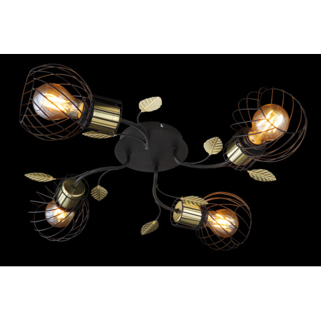 Stropné svietidlo, kov čierny a mosadzný, s dekoratívnymi listami, Ø580, V:165, bez žiaroviek 4xE27, 11