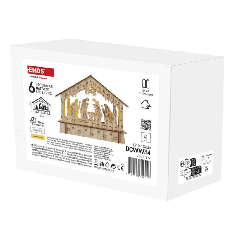 LED vianočný betlehem drevený, 15 cm, 2x AA, vnútorný, teplá biela, časovač 1