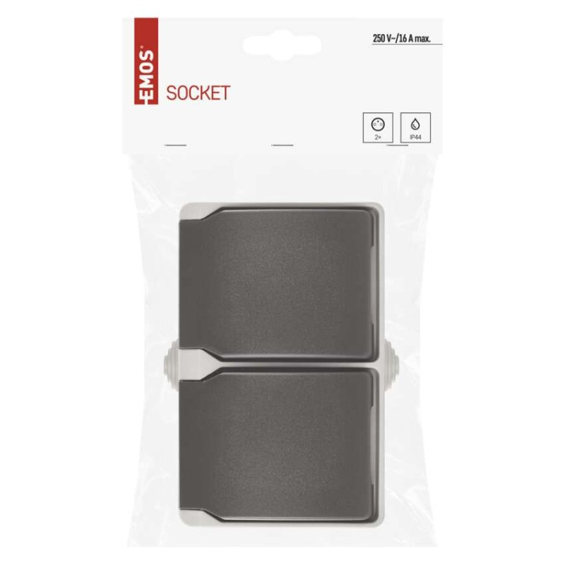 Zásuvka nástenná dvojitá, šedo-čierna, IP44 3