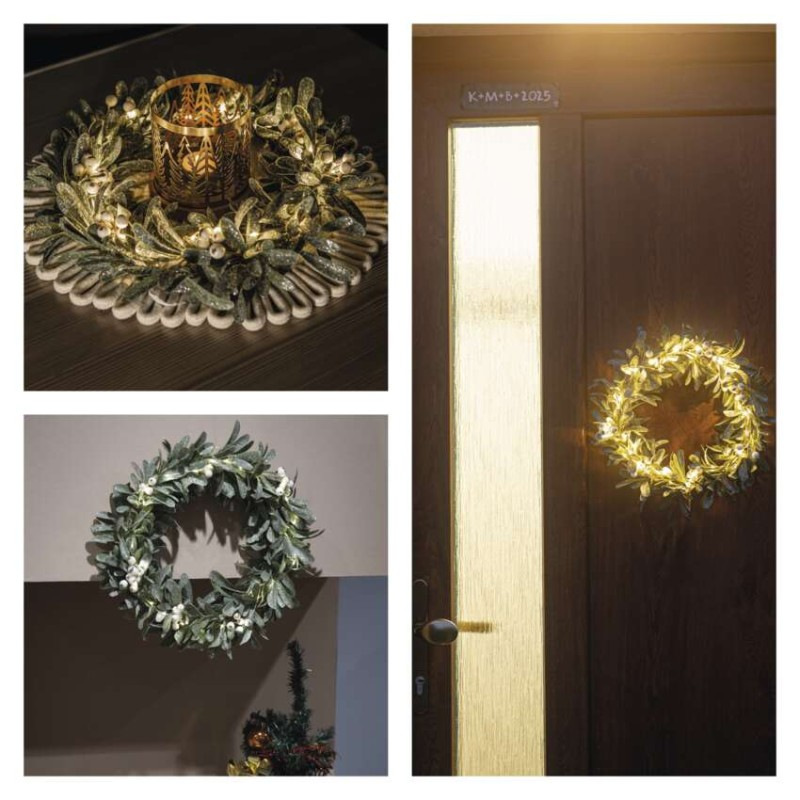 LED dekorácia - veniec z imela, 3x AA, teplá biela, časovač 11