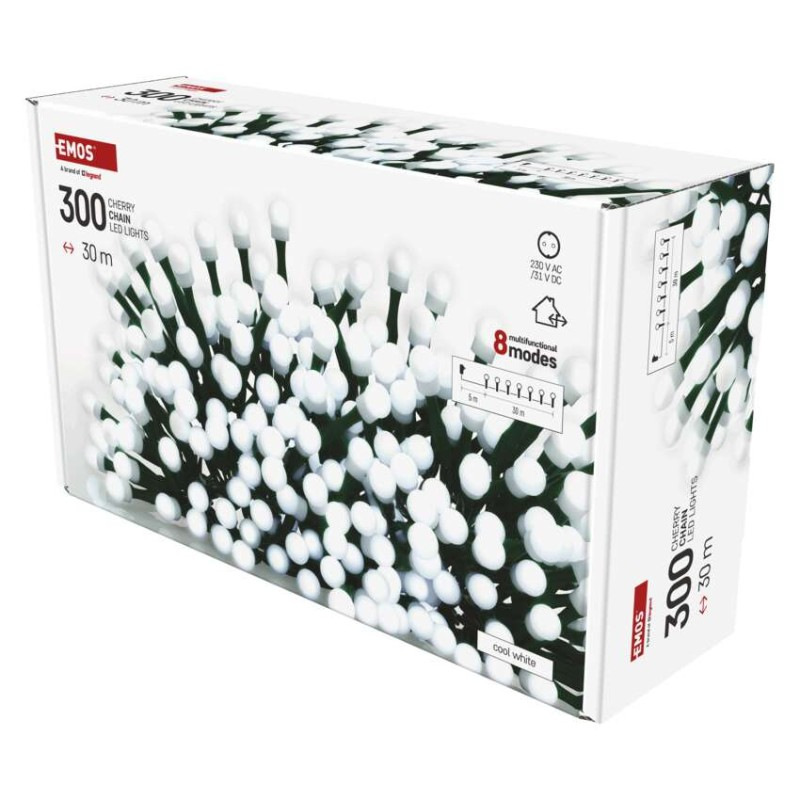 LED vianočná cherry reťaz–guličky, 30 m,vonkajšia aj vnútorná,studená biela, programy, čas 3