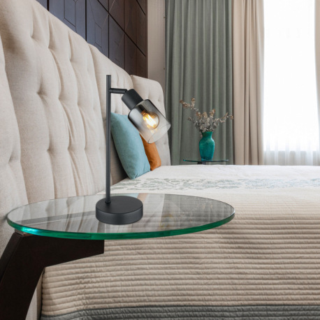 Stolová lampa, kov čierny matný, dymové sklo s prechodom do priehľadného skla, kábel PVC čierny, kol 1